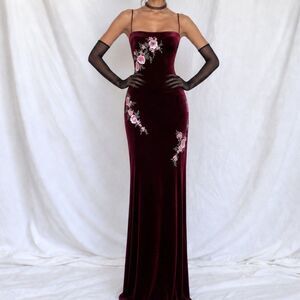 Vintage Y2K Pink Purple Floral Beaded Knit Velvet Bodycon Maxi Prom Dress Size L